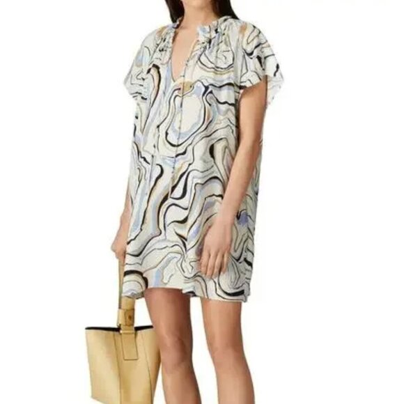 Chinti & Parker Marble Dress Twill Tunic Cap Sleeve Tie Neck Mini Ivory Size 10 - Picture 1 of 14